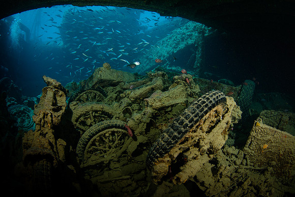 SS Thistlegorm, cargo hold no. 2 with BSA motorbikes, Red Sea, Egypte 2015
